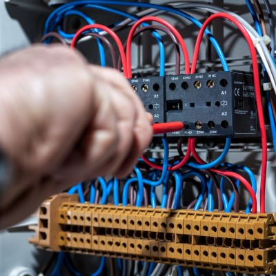 Electrician with screwdriver fixes the cable in a residential electrical distribution panel. Construction industry, electrical system. (Electrician with screwdriver fixes the cable in a residential electrical distribution panel. Construction industry,